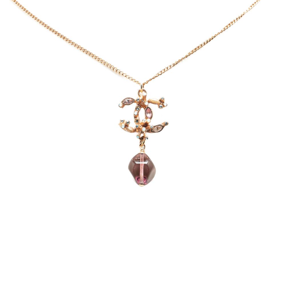 Chanel AB Chanel Gold Gold Plated Metal CC Crystal and Amethyst Pendant Necklace Italy