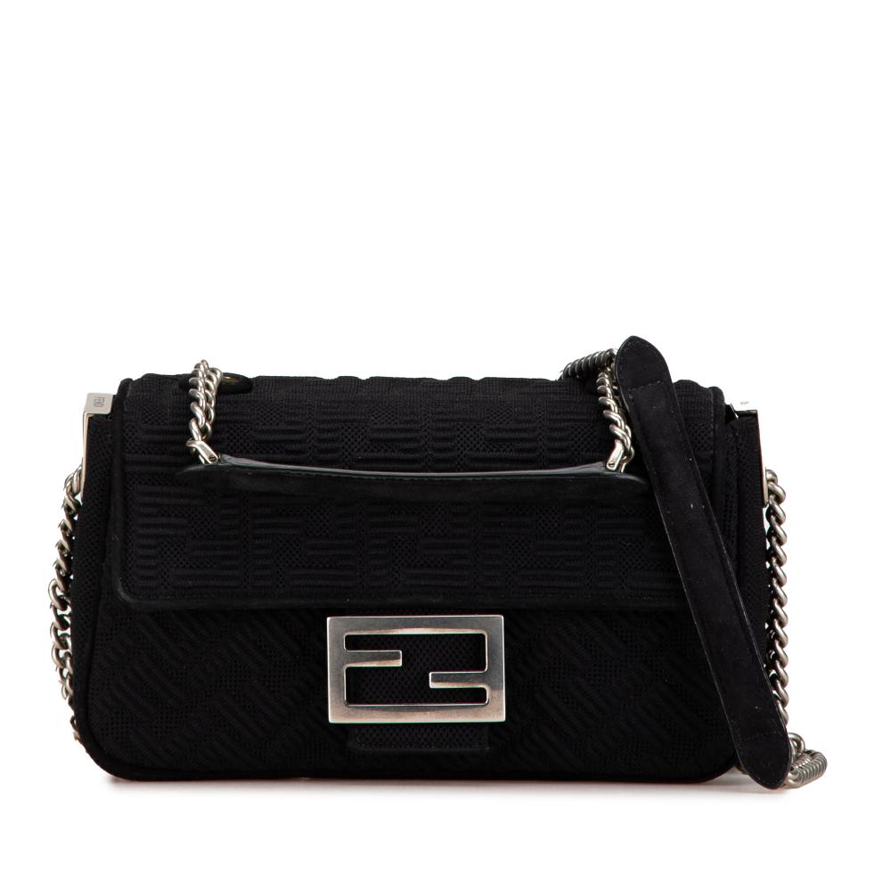 Fendi AB Fendi Black Canvas Fabric Zucca Chain Midi Baguette Italy