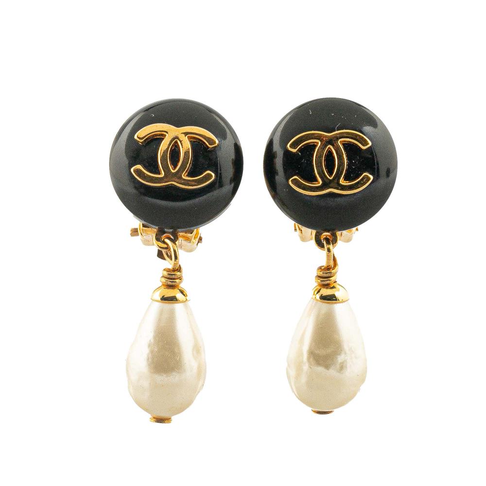 Chanel AB Chanel Gold with White Gold Plated Metal Faux Pearl CC Drop Clip On Earrings France