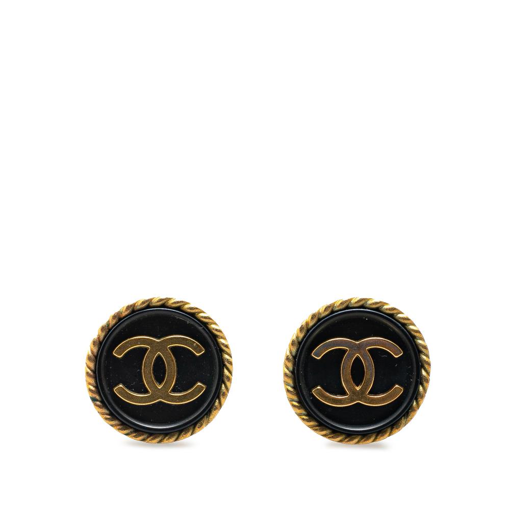 Chanel B Chanel Gold with Black Gold Plated Metal Acrylic CC Button Clip On Earrings France