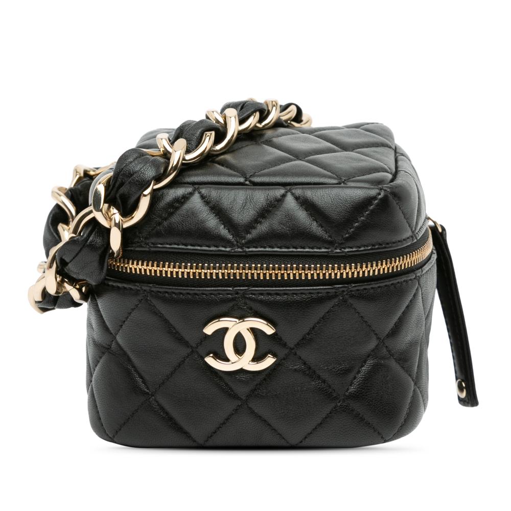 Chanel AB Chanel Black Lambskin Leather Leather Quilted Lambskin Cube Chain Wristlet Case France