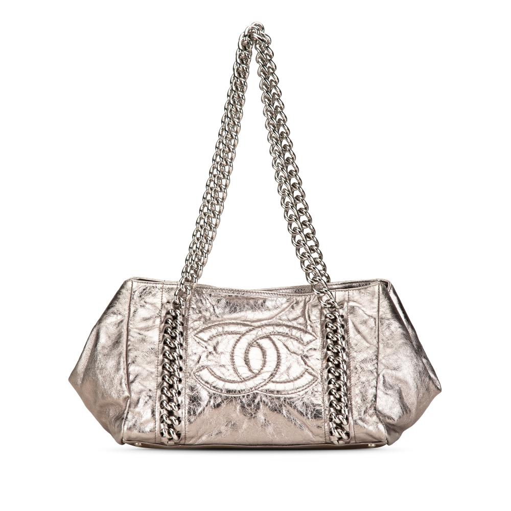 Chanel B Chanel Silver Calf Leather Medium Metallic skin Modern Chain Tote Italy