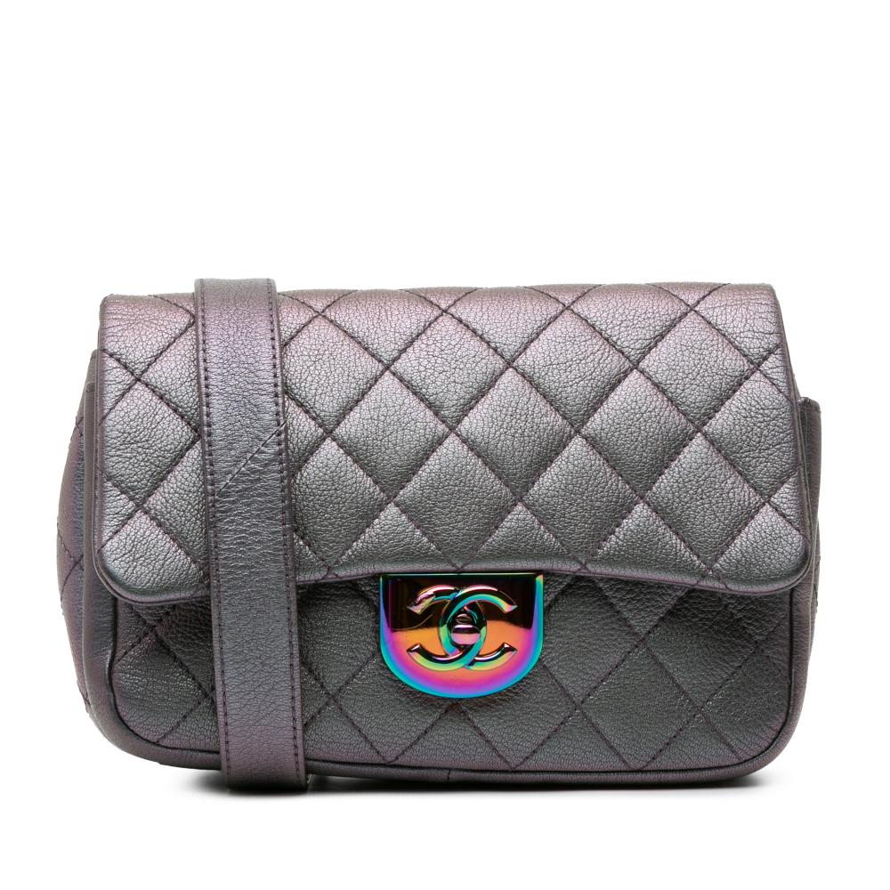 Chanel B Chanel Purple Goatskin Leather Small Iridescent Double Carry Waist Chain Flap Italy