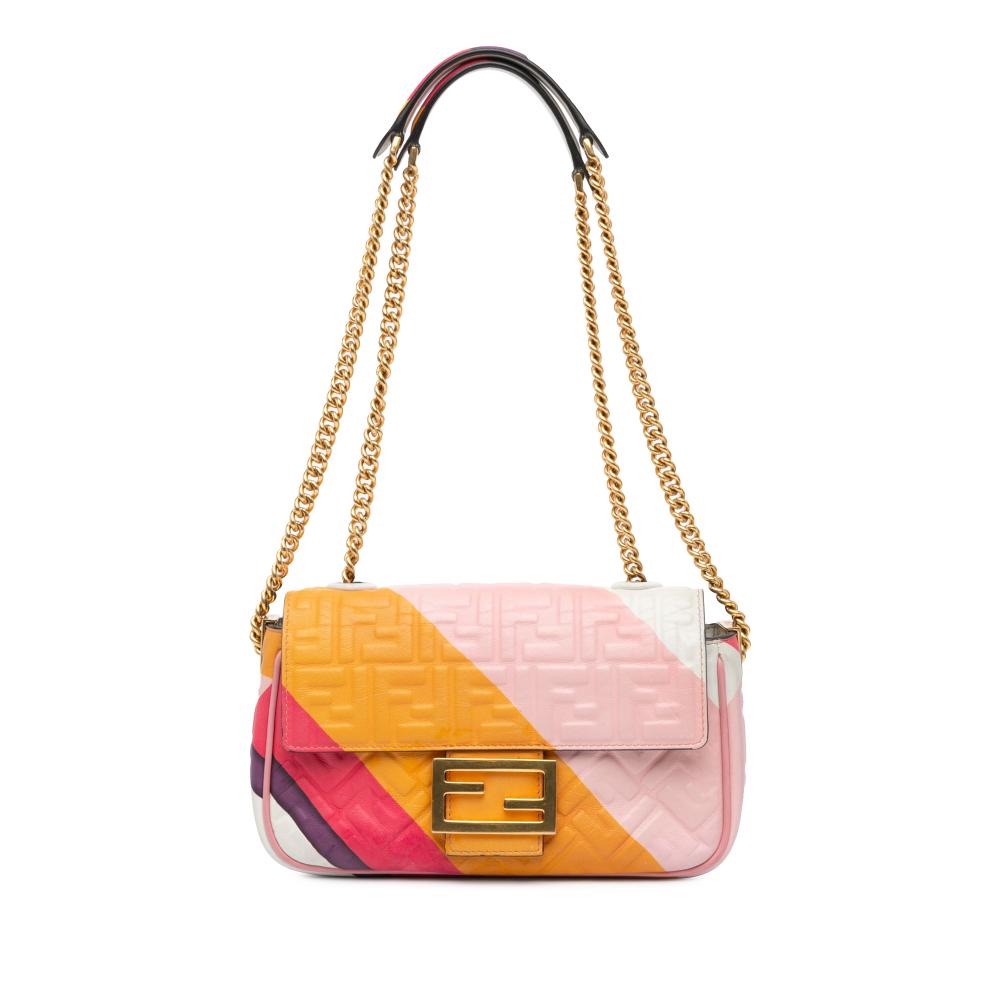 Fendi B Fendi Pink with Multi Calf Leather Zucca Embossed Chain Midi Baguette Italy