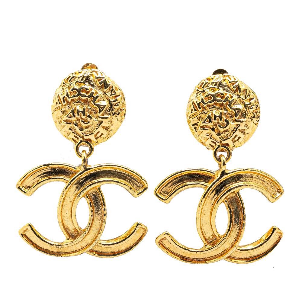 Chanel B Chanel Gold Gold Plated Metal CC Drop Clip On Earrings France