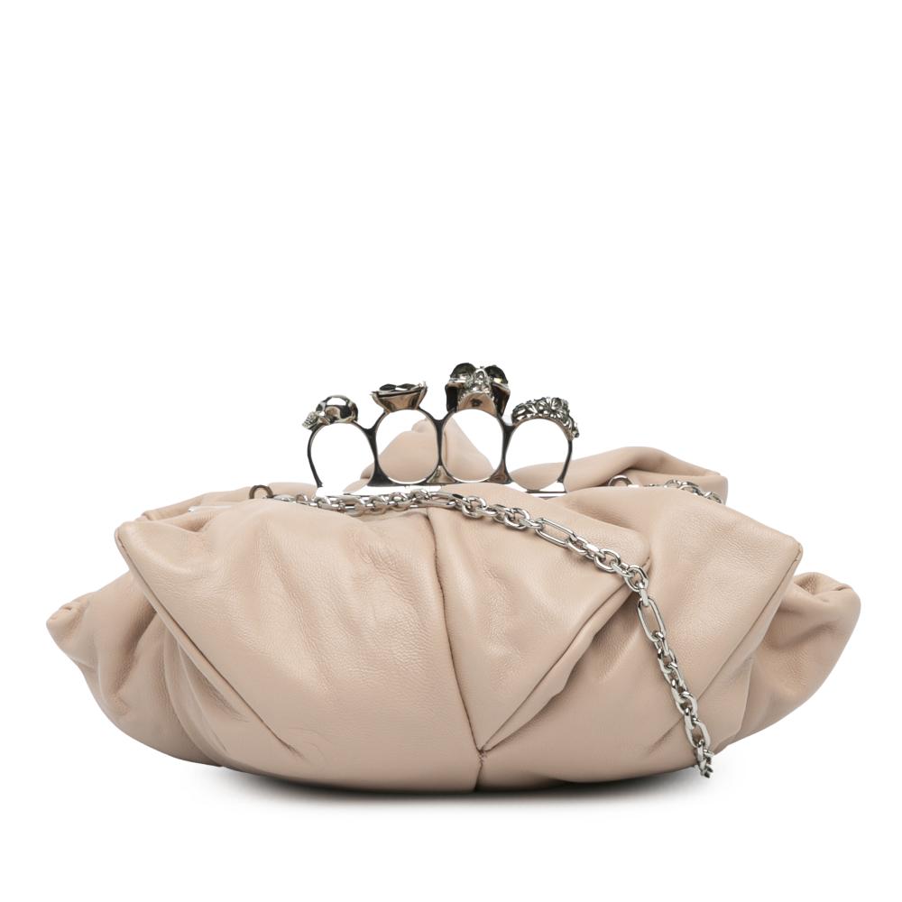 Alexander McQueen AB Alexander McQueen Brown Nude Calf Leather skin Skull Four Ring Flower Clutch on Chain Italy