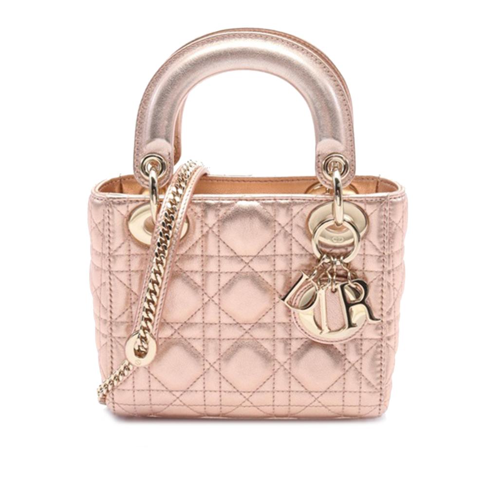 Christian Dior AB Dior Pink Lambskin Leather Leather Mini Metallic Lambskin Cannage Lady Dior Italy