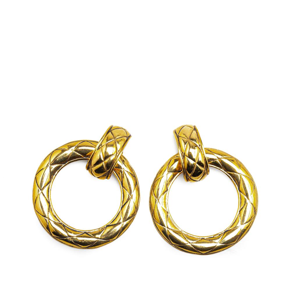 Chanel B Chanel Gold Gold Plated Metal Quilted Circle Drop Clip On Earrings France