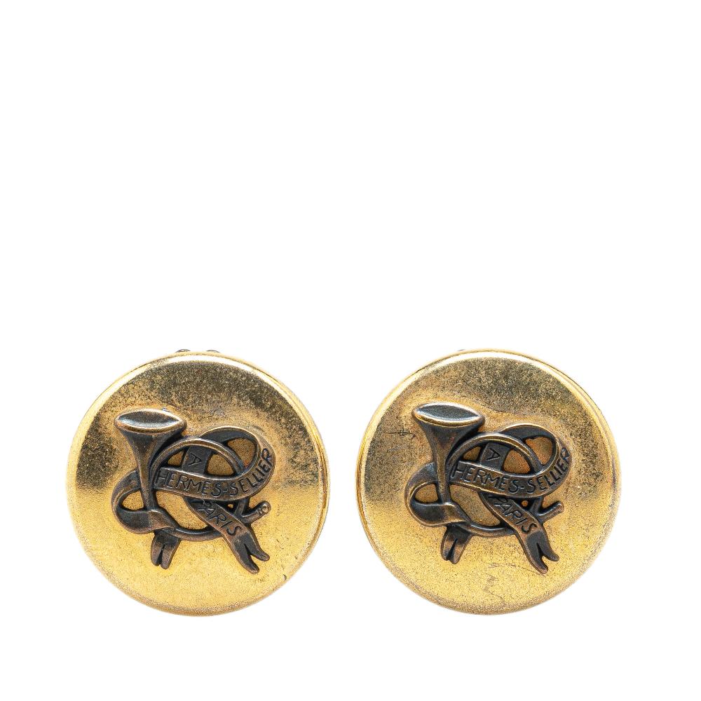 Hermès B Hermès Gold Gold Plated Metal Horn Sellier Clip On Earrings France