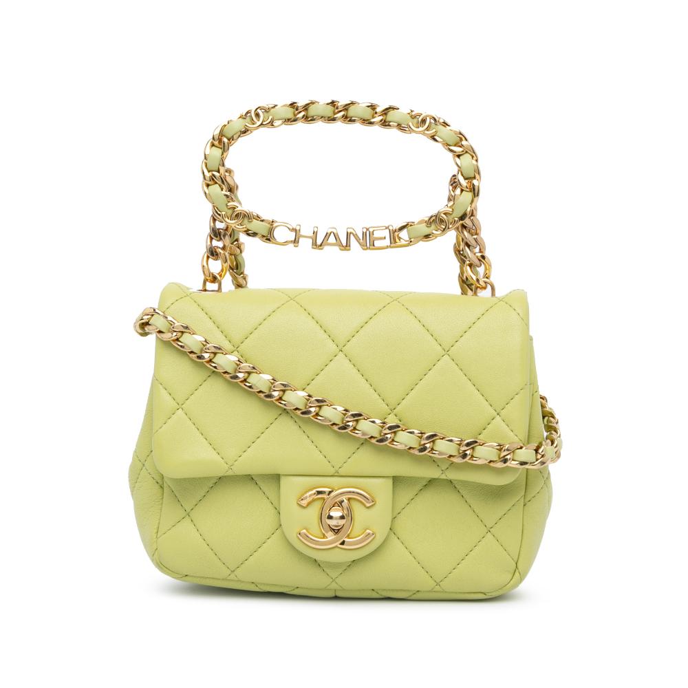 Chanel Green Mini Quilted Lambskin Oval Logo Chain Top Handle Flap Italy