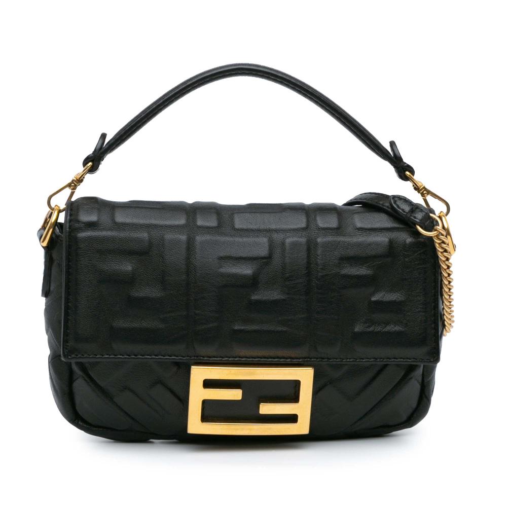 Fendi B Fendi Black Calf Leather Mini Zucca Embossed Baguette Satchel Italy