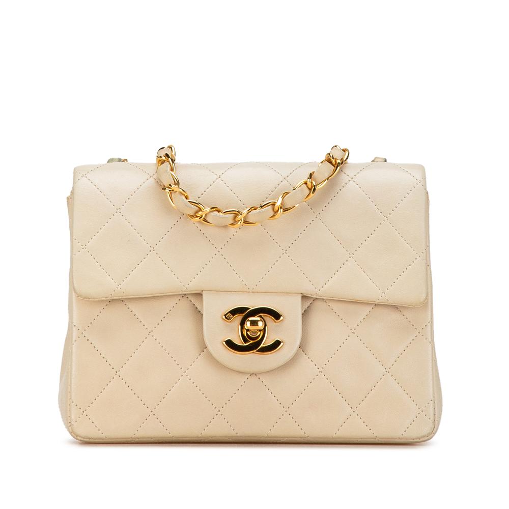 Chanel B Chanel Brown Light Beige Lambskin Leather Leather Mini Square Classic Lambskin Single Flap France