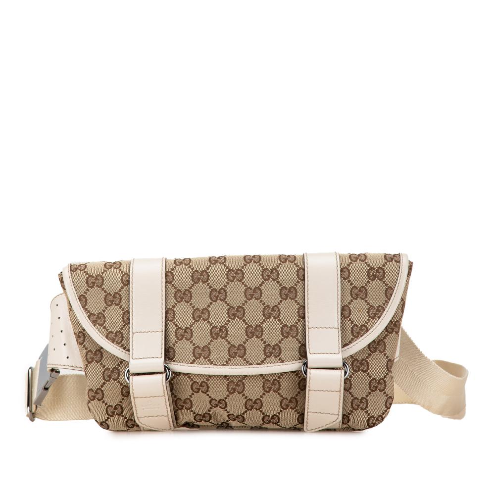 Gucci B Gucci Brown Beige with White Canvas Fabric GG Belt Bag Italy