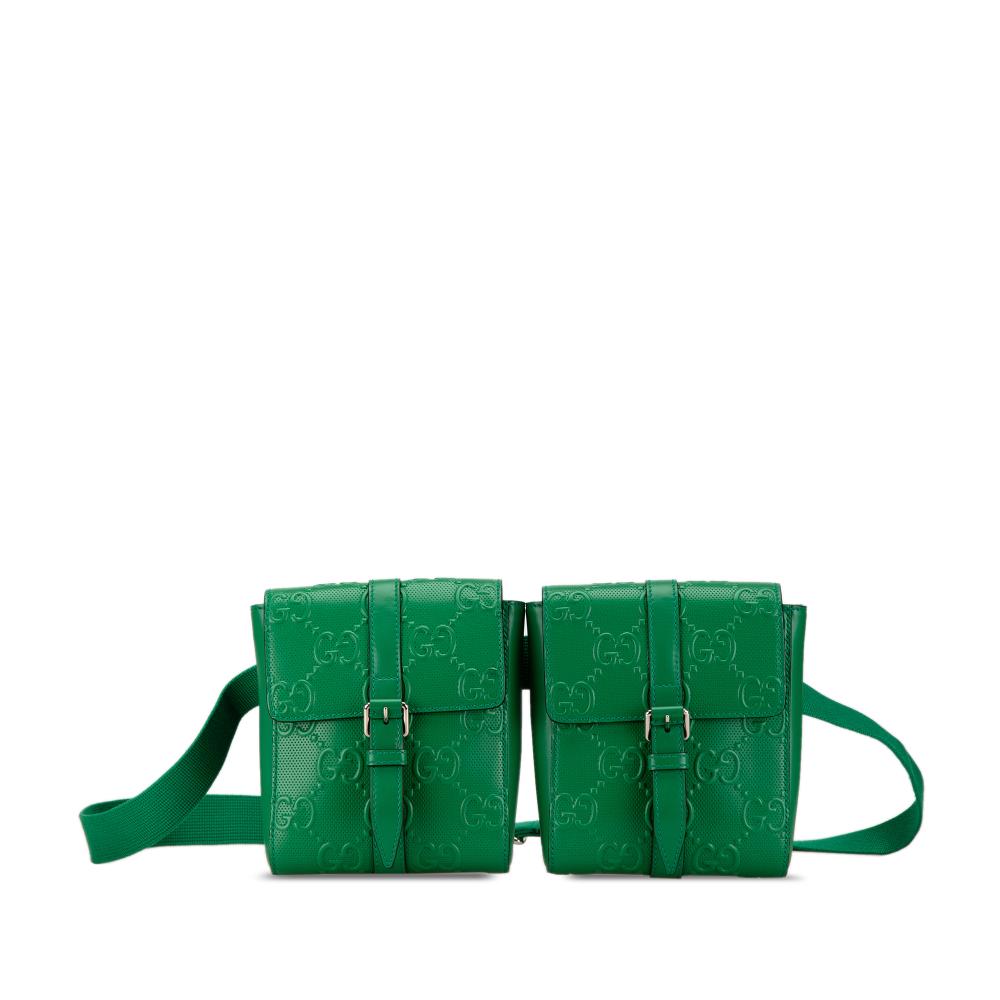 Gucci AB Gucci Green Calf Leather GG Embossed Perforated Double Belt Bag Italy