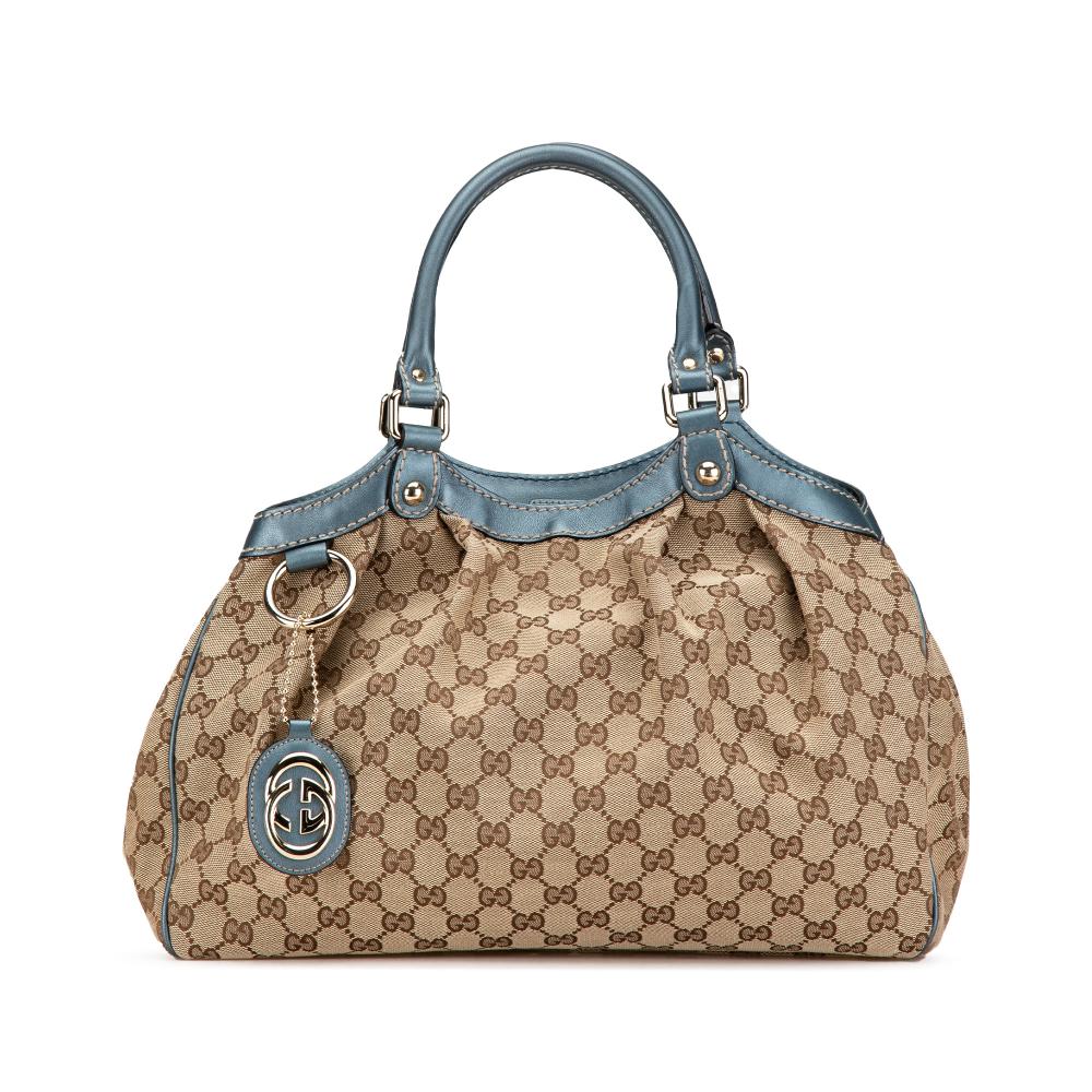 Gucci B Gucci Brown Beige Canvas Fabric GG Sukey Tote Italy