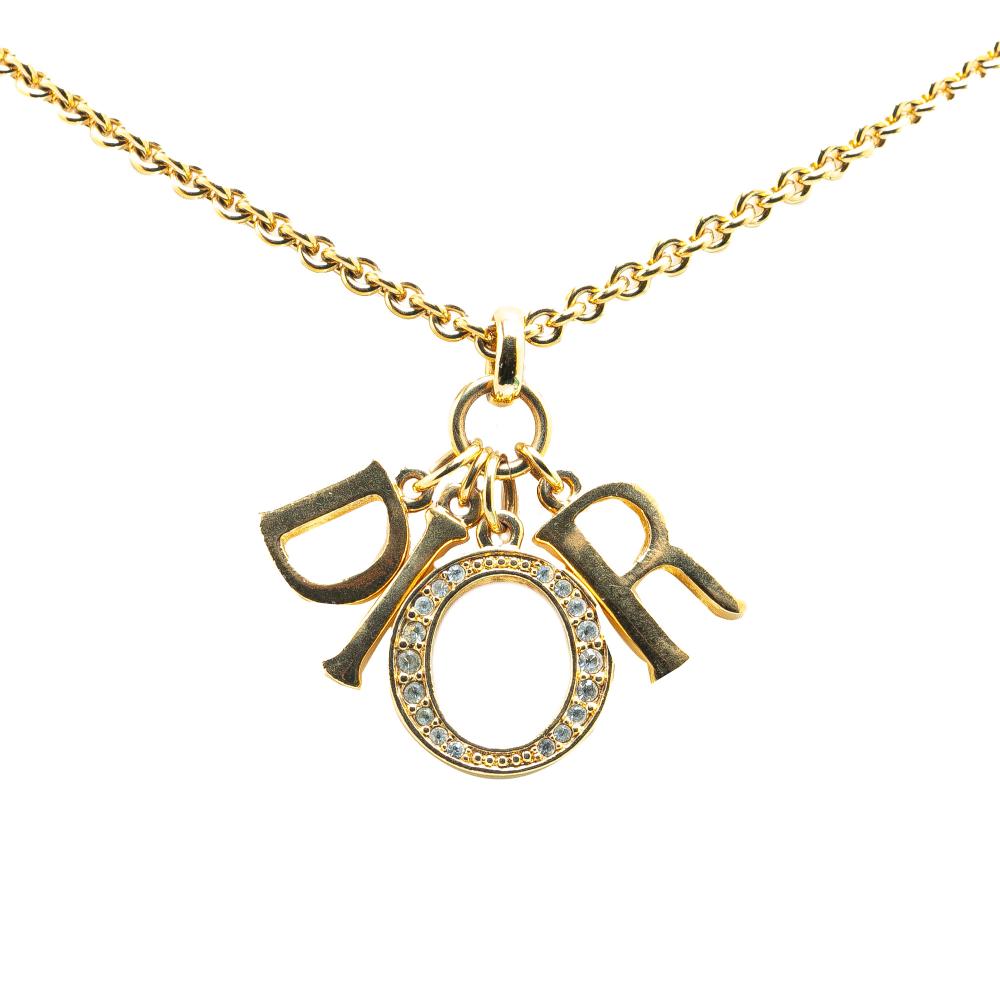 Christian Dior AB Dior Gold Gold Plated Metal Logo Rhinestone Pendant Necklace Italy