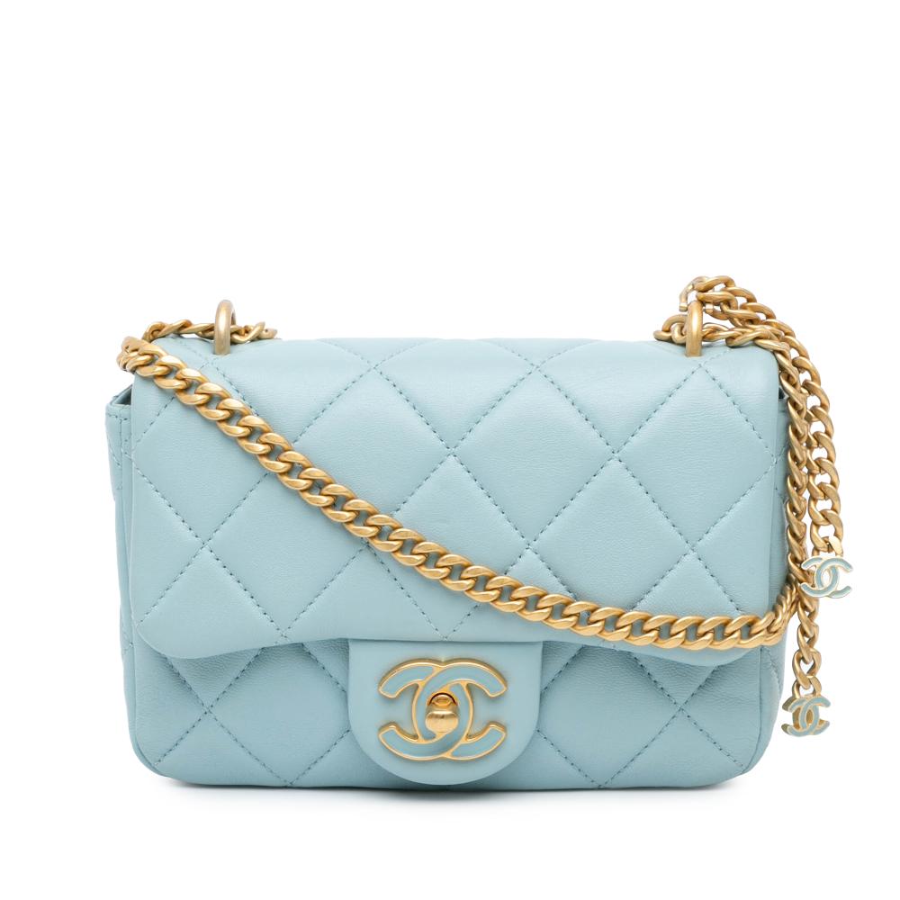 Chanel AB Chanel Blue Light Blue Lambskin Leather Leather Mini Square Lambskin Pending CC Flap Italy