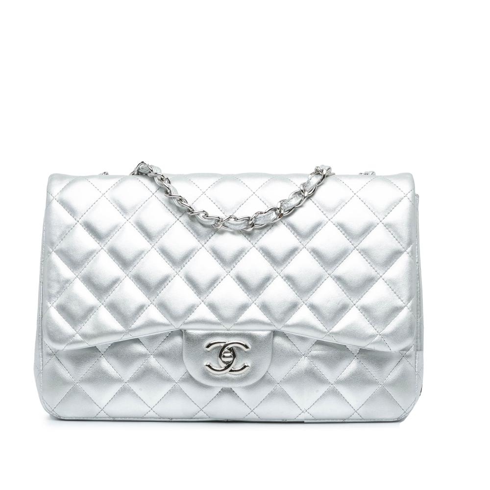 Chanel B Chanel Silver Lambskin Leather Leather Jumbo Classic Lambskin Double Flap Italy