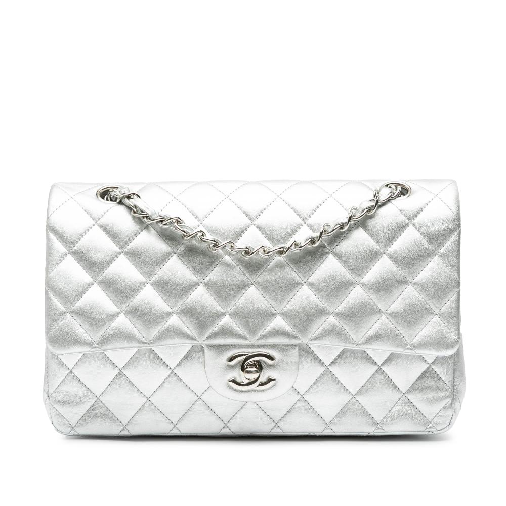 Chanel B Chanel Silver Lambskin Leather Leather Medium Classic Lambskin Double Flap France