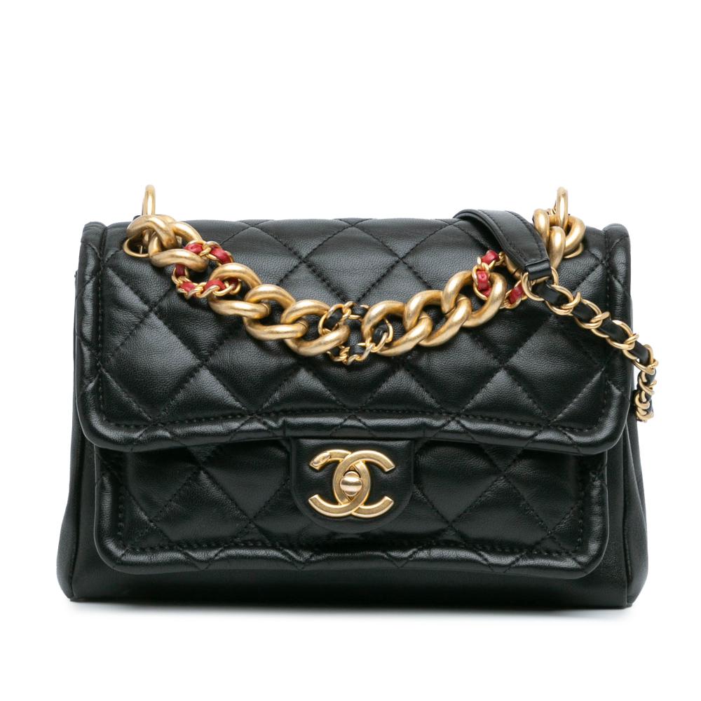 Chanel B Chanel Black Lambskin Leather Leather CC Quilted Lambskin Chain Link Flap Italy