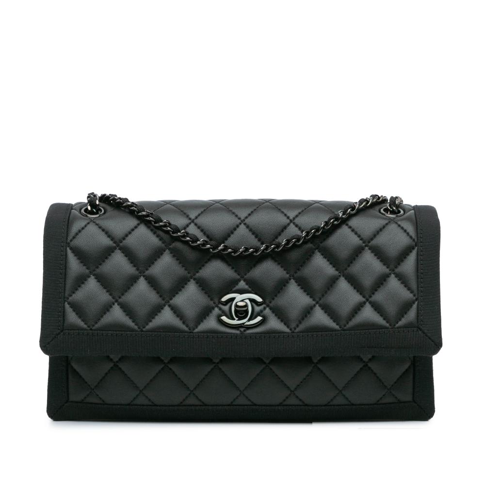 Chanel B Chanel Black Lambskin Leather Leather Medium Quilted Lambskin Grosgrain Flap Italy