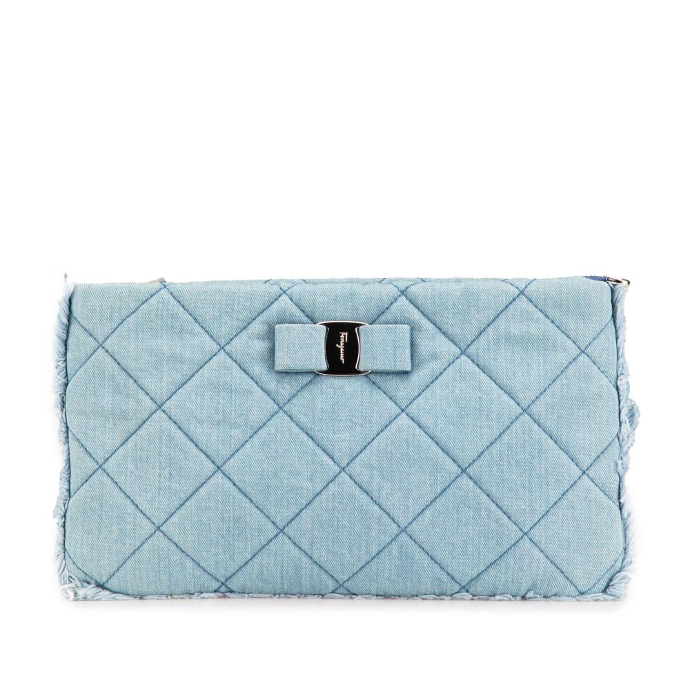 Salvatore Ferragamo AB Ferragamo Blue Denim Denim Fabric Quilted Vara Clutch Italy