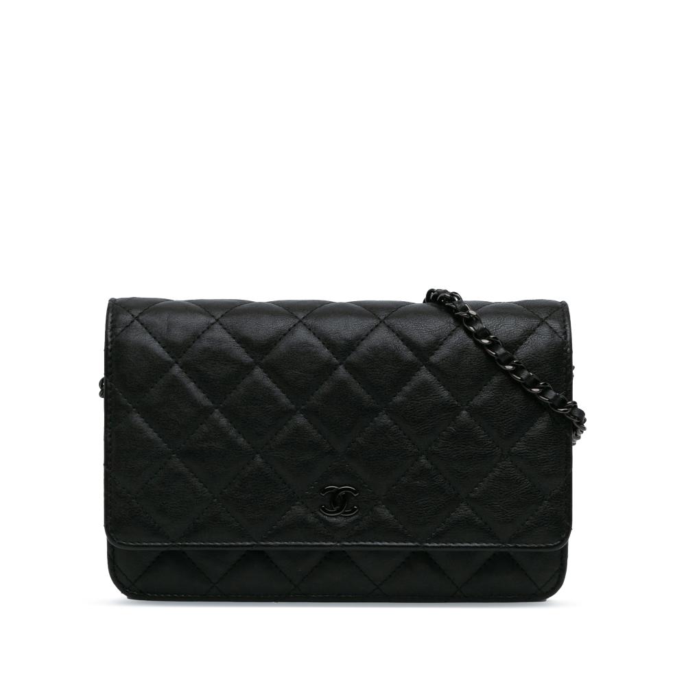 Chanel B Chanel Black Calf Leather Quilted Crumpled skin So Black Wallet On Chain Italy