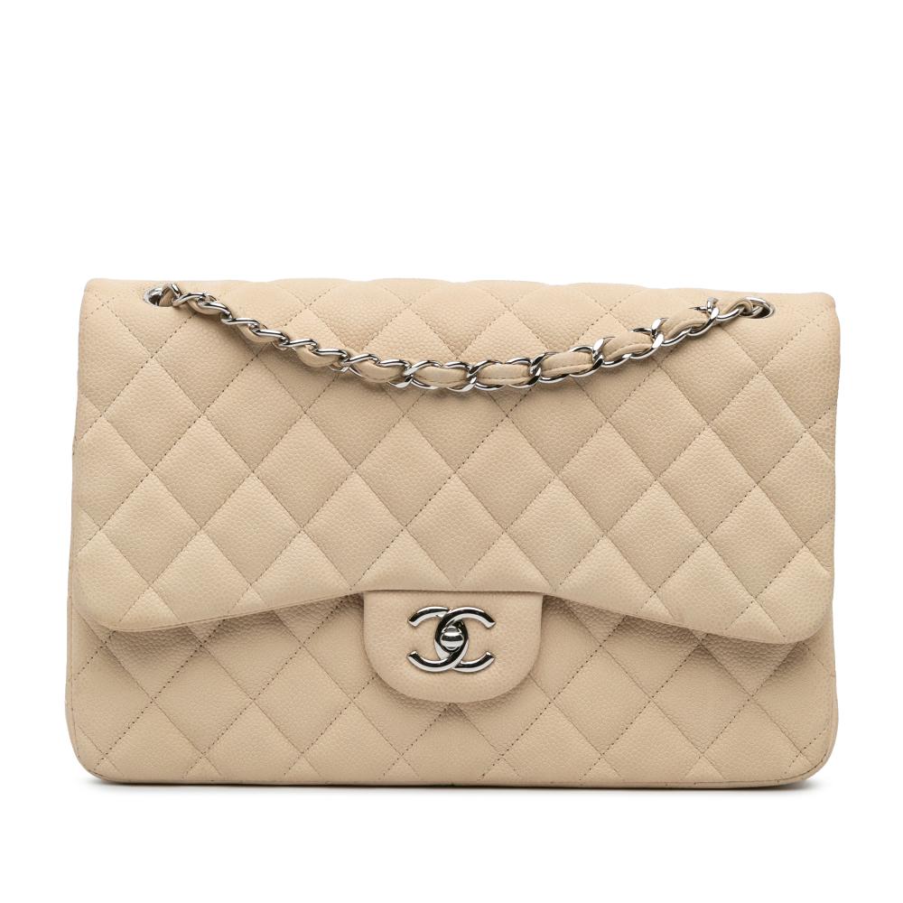 Chanel B Chanel Brown Light Beige Caviar Leather Leather Jumbo Classic Caviar Double Flap France