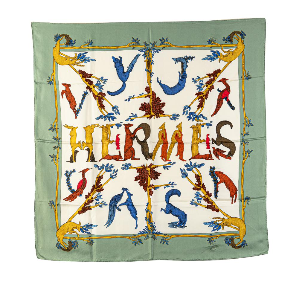 Hermès B Hermès White with Green Mint Silk Fabric Alphabet III Scarf France