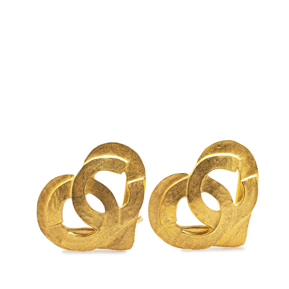 Chanel B Chanel Gold Gold Plated Metal CC Heart Clip On Earrings France