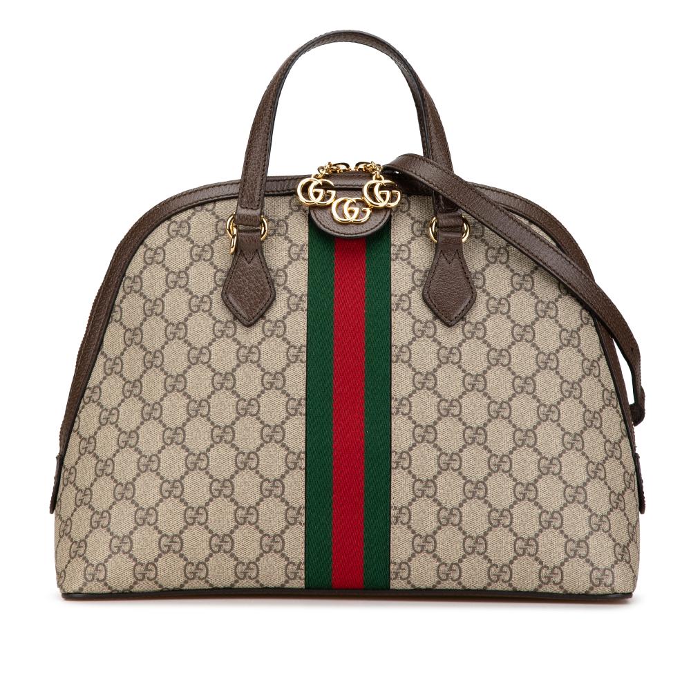 Gucci AB Gucci Brown Beige Coated Canvas Fabric Medium GG Supreme Ophidia Web Satchel Italy