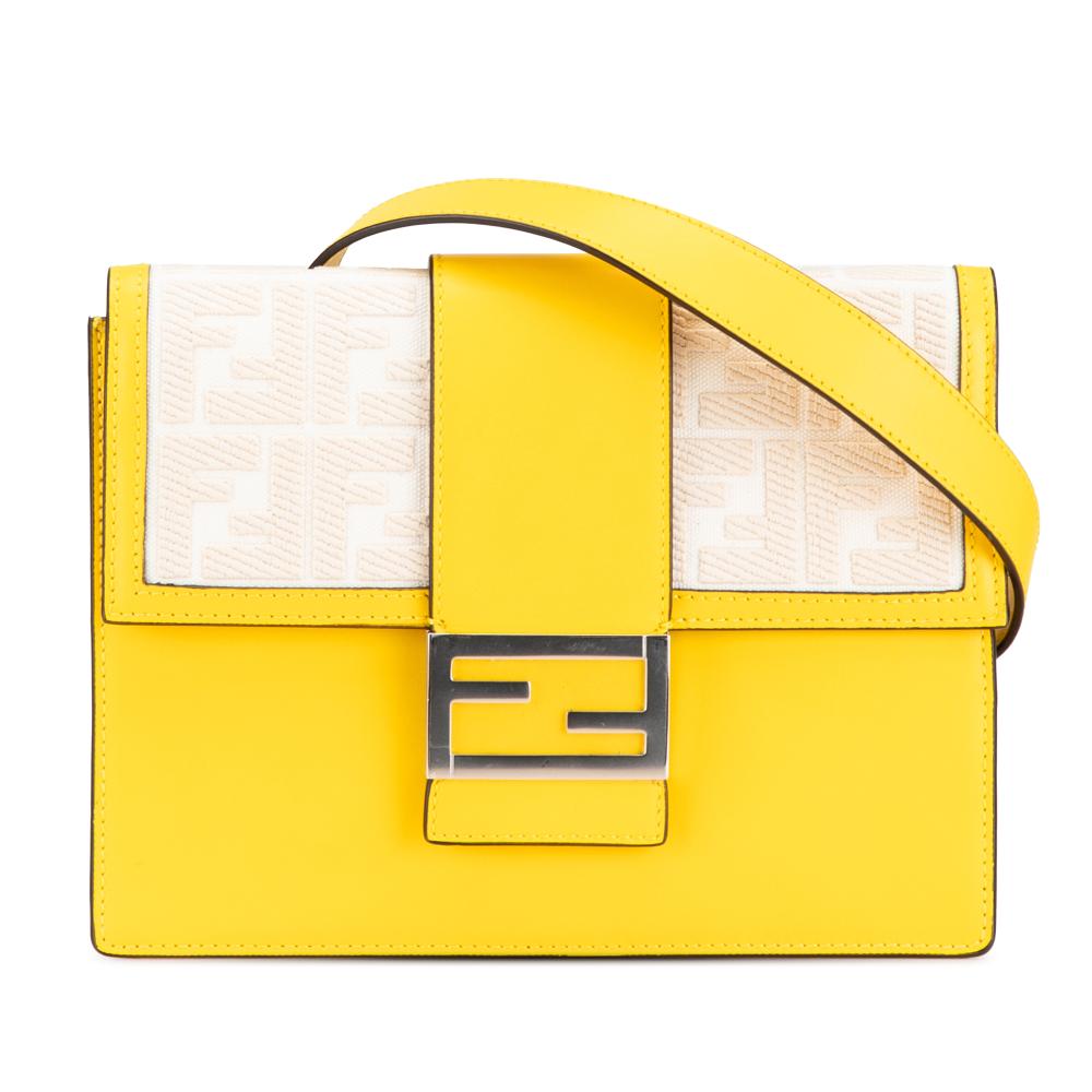 Fendi AB Fendi Yellow with Brown Light Beige Calf Leather skin FF 1974 Flat Baguette Italy