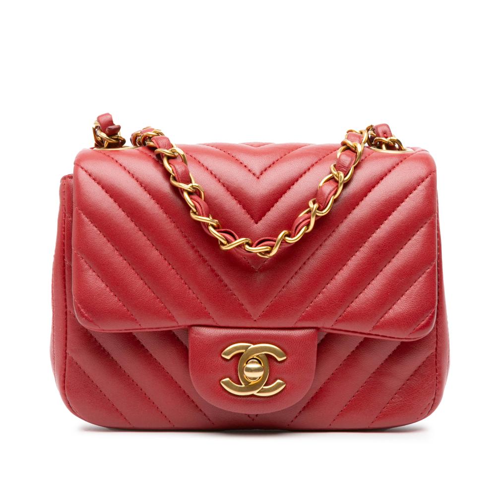 Chanel B Chanel Red Lambskin Leather Leather Mini Square Classic Chevron Lambskin Single Flap Italy