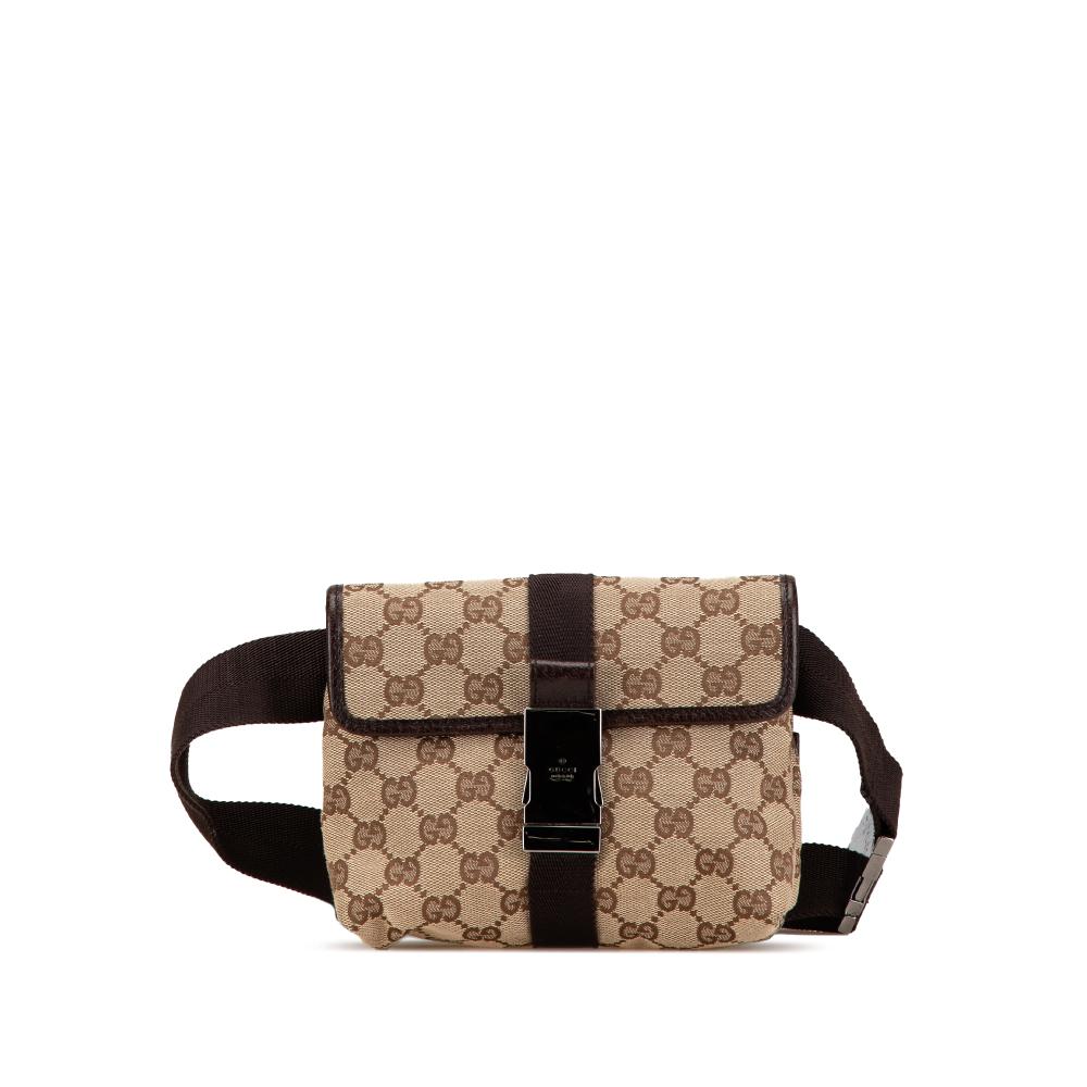 Gucci AB Gucci Brown Beige Canvas Fabric GG Belt Bag Italy