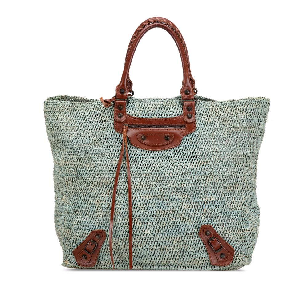 Balenciaga B Balenciaga Blue Light Blue Raffia Natural Material Motocross Classic Tote Italy