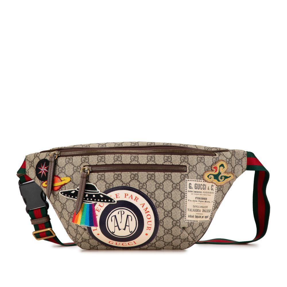 Gucci AB Gucci Brown Beige Coated Canvas Fabric GG Supreme Courrier Belt Bag Italy