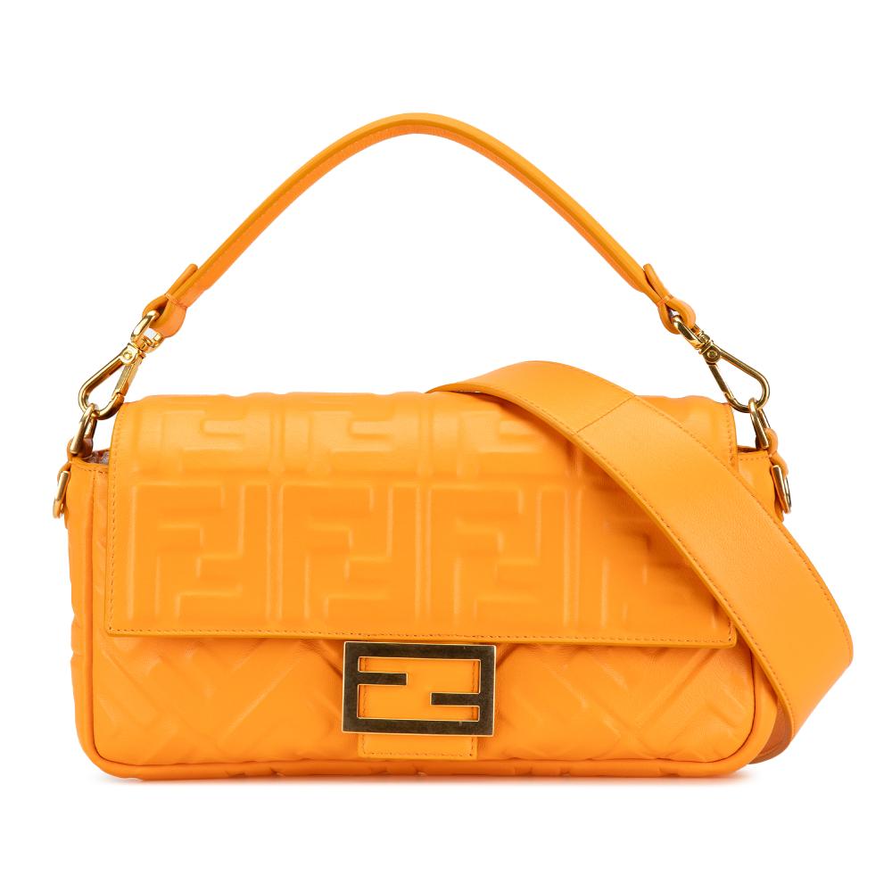 Fendi AB Fendi Orange Calf Leather Zucca Embossed Baguette Satchel Italy