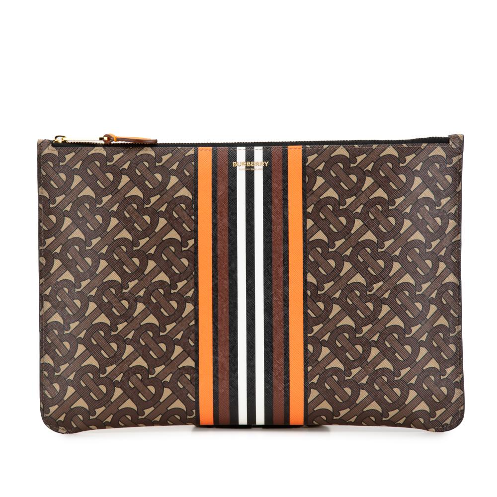 Burberry AB Burberry Brown Coated Canvas Fabric Monogram Stripe E-Canvas Clutch Italy