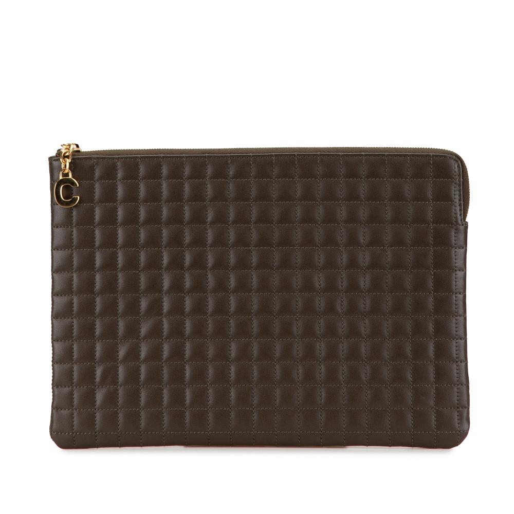 Celine B Celine Brown Dark Brown Calf Leather Quilted skin C Charm Clutch Italy