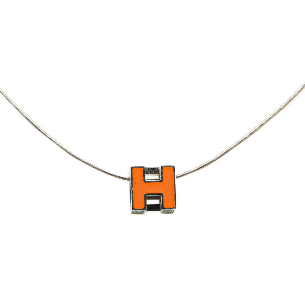 Hermès B Hermès Orange Palladium Metal Plated Cage dH Cube Necklace France