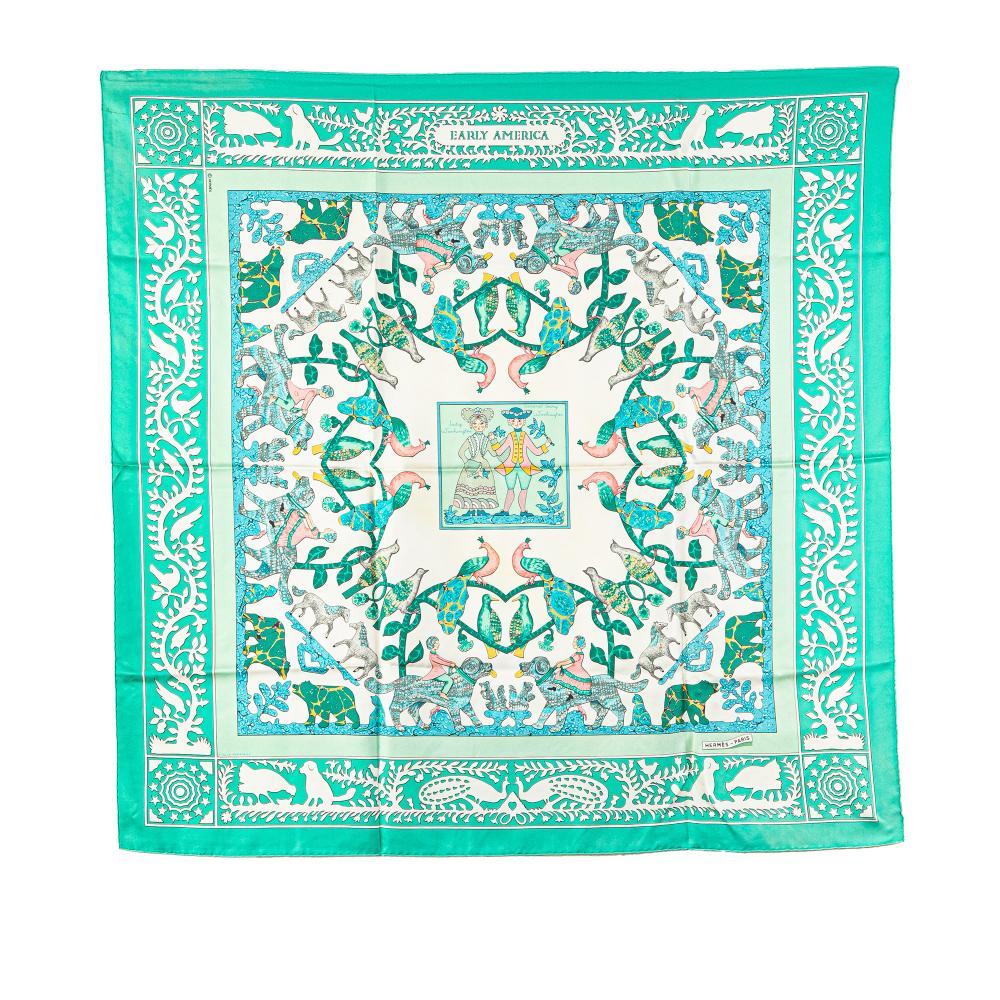 Hermès B Hermès Green Silk Fabric Early America Scarf France