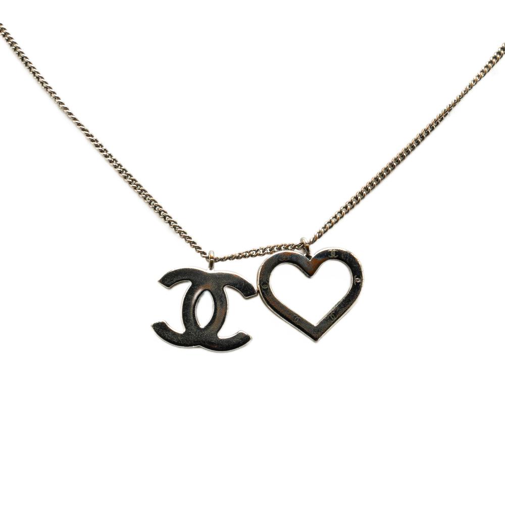 Chanel B Chanel Silver Brass Metal CC Open Heart Pendant Necklace Italy