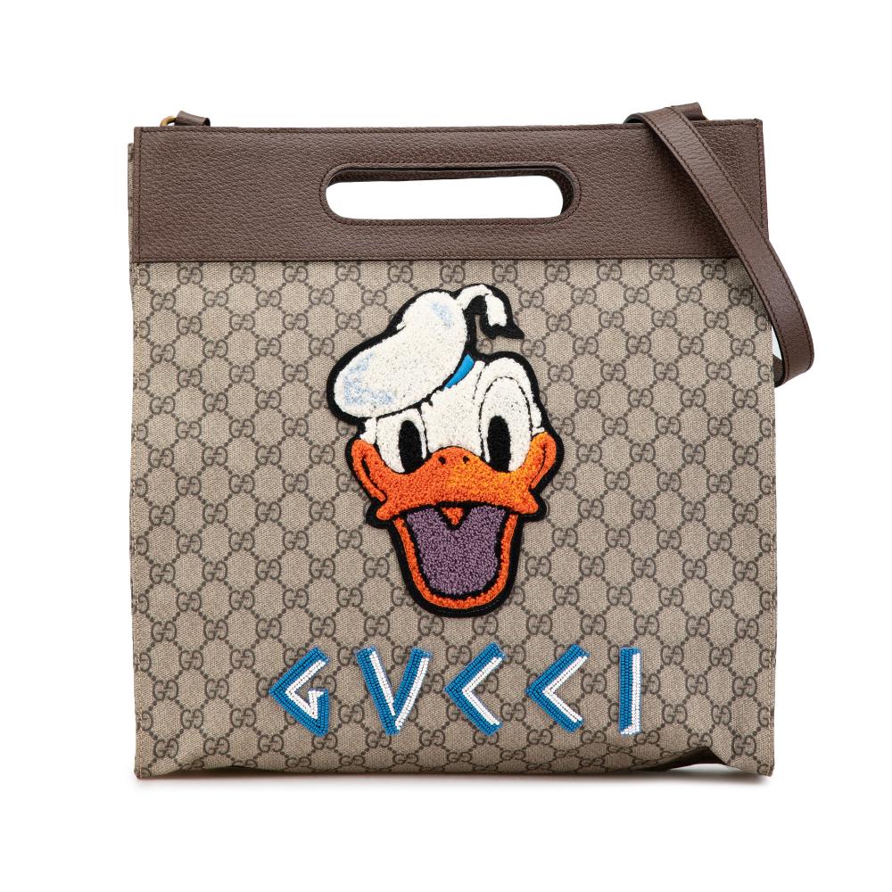 Gucci AB Gucci Brown Beige Coated Canvas Fabric GG Supreme Donald Duck Neo Vintage Soft Tote Italy