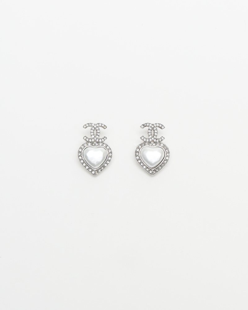 Chanel Coco Mark Rhinestone Heart Pearl Earrings