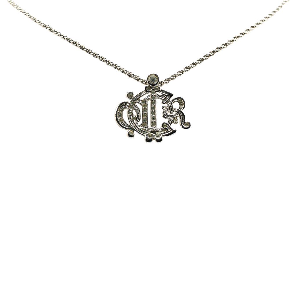 Christian Dior B Dior Silver Silver Metal Plated Logo Monogram Insignia Crystals Pendant Necklace Germany