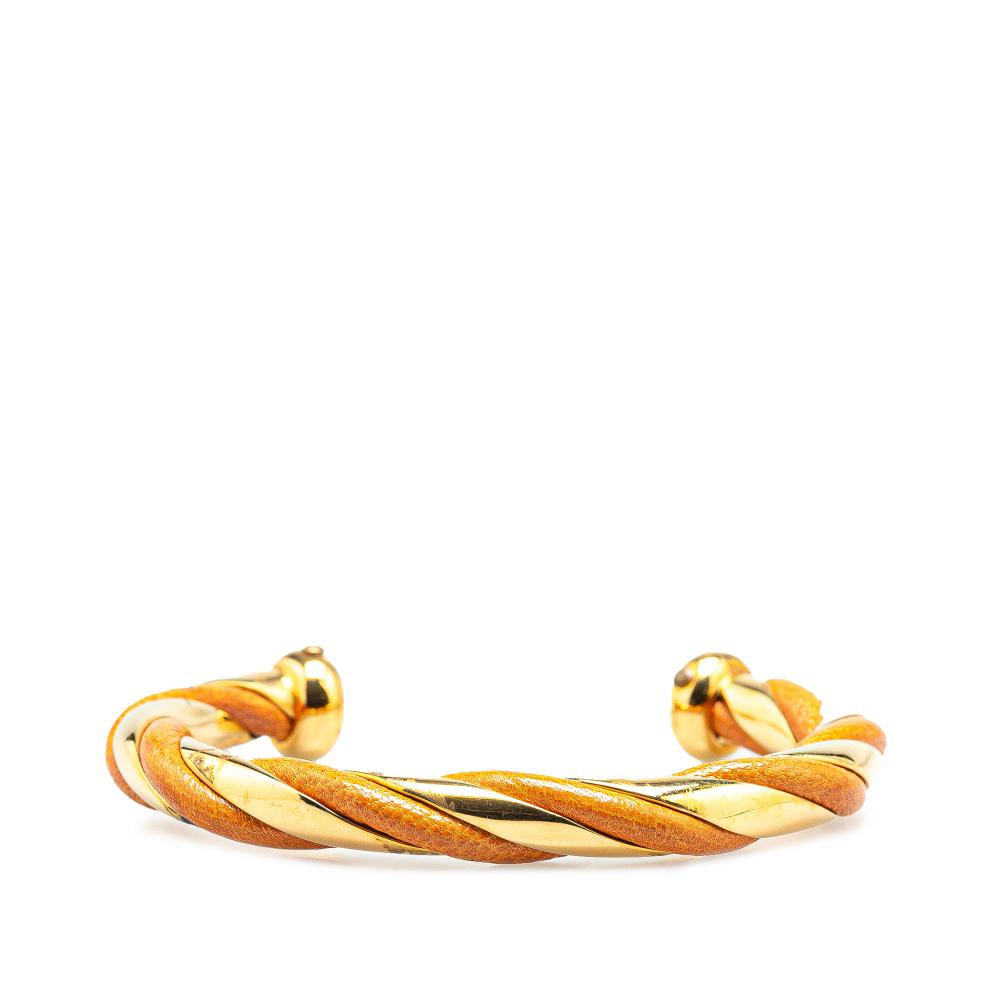 Hermès AB Hermès Brown with Gold Calf Leather Gold Plated and Twisted Cuff Bracelet France