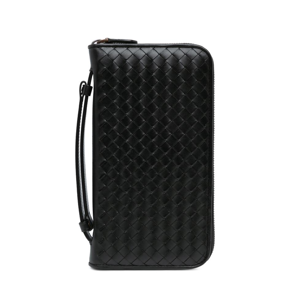 Bottega Veneta B Bottega Veneta Black Calf Leather Intrecciato Zip Around Long Wallet Italy