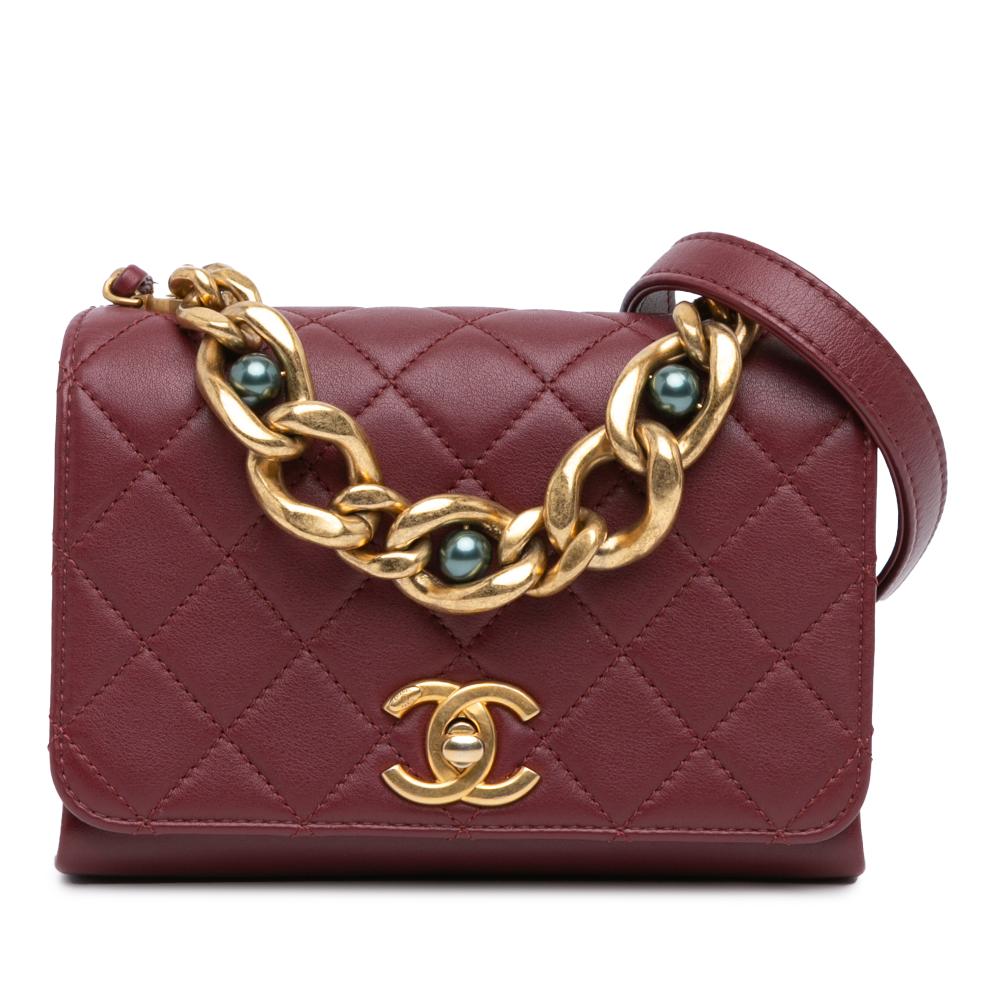 Chanel AB Chanel Red Bordeaux Lambskin Leather Leather Mini Quilted Lambskin Pearl Chain Flap Italy