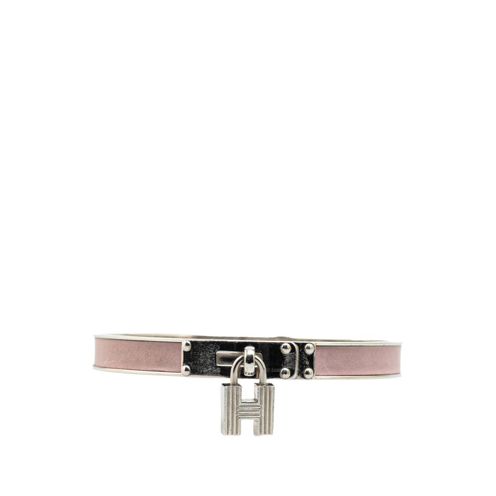 Hermès B Hermès Pink with Silver Calf Leather Kelly Cadena Lock Bangle Bracelet France