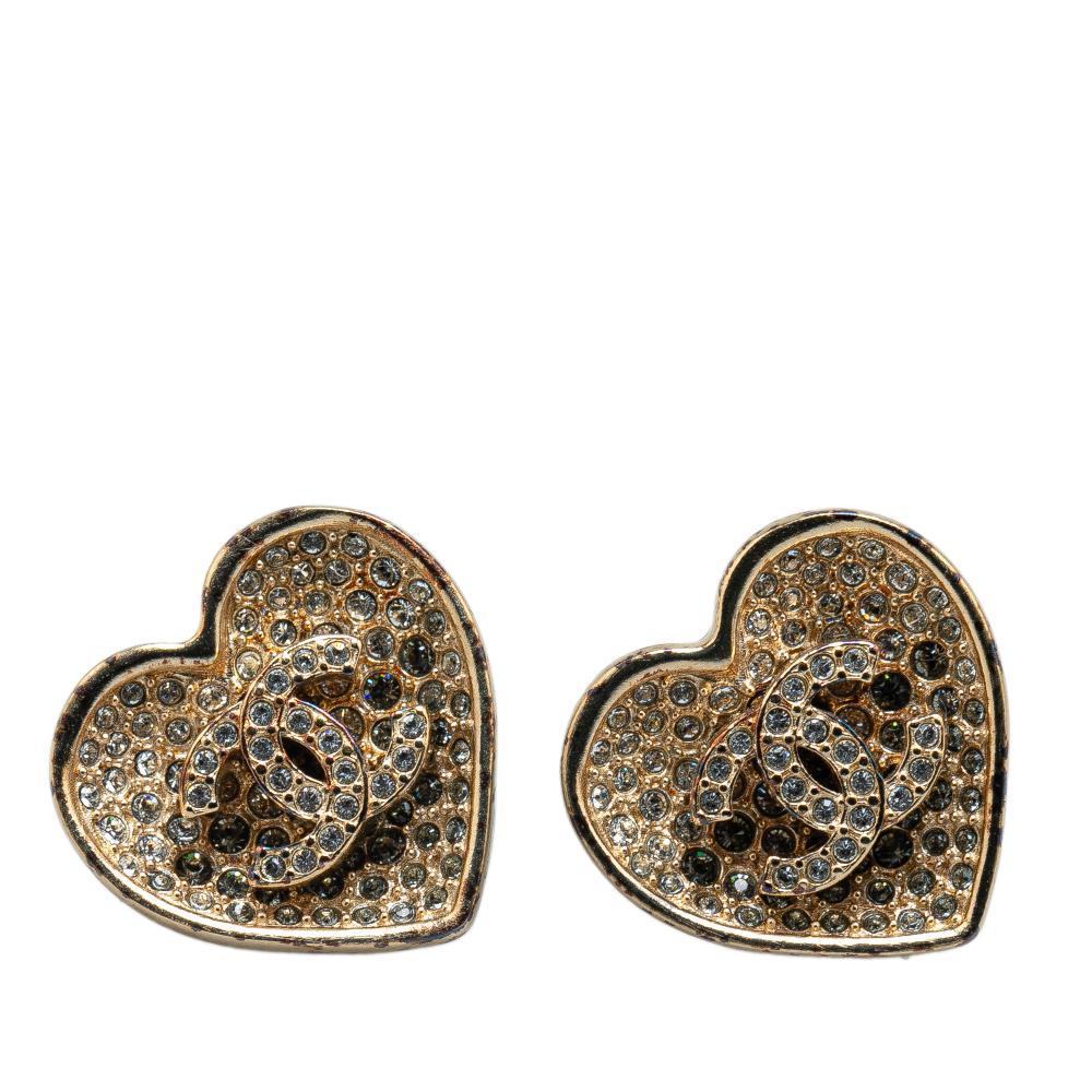 Chanel B Chanel Silver Silver Metal CC Crystal Heart Stud Earrings France